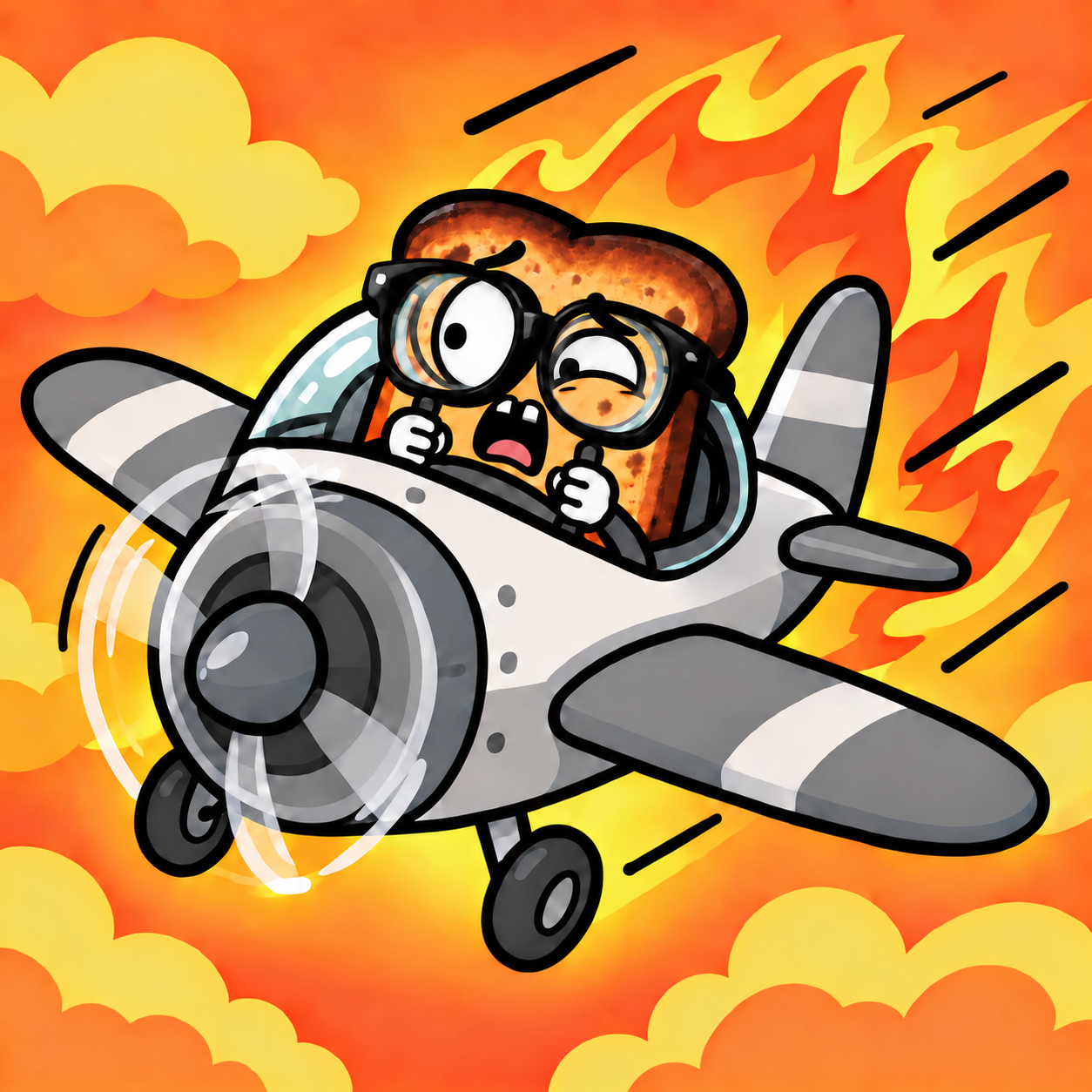 Nerd Toast flying an airplane through a blazing sky
